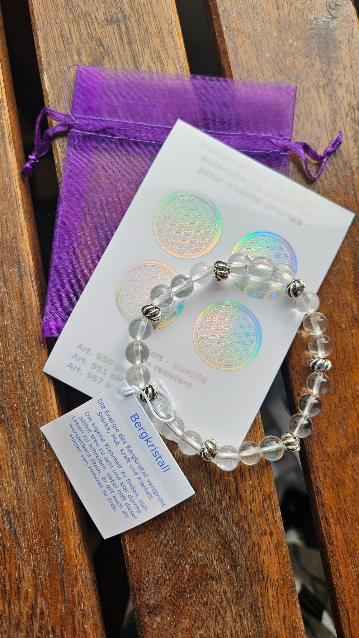 Geschenkset - Bergkristall Armband mit Handy-Stick Blume des Lebens