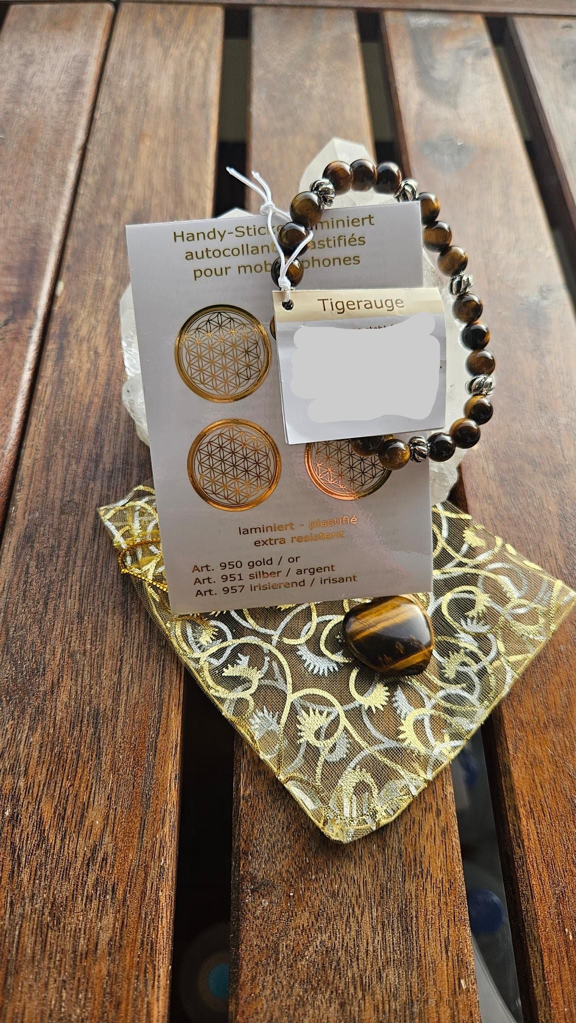 Geschenkset - Tigerauge Armband und Herzstein aus Tigerauge und Handy-Sticker Blume des Lebens