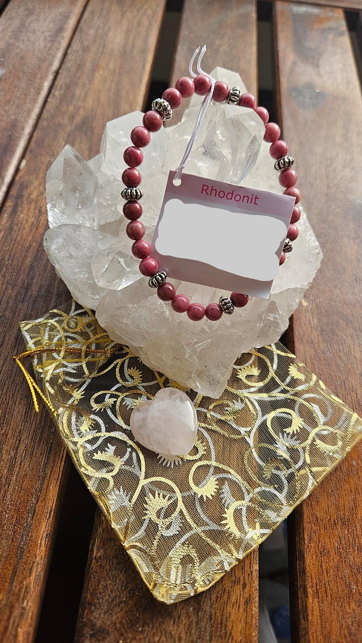 Geschenkset - Rhodonit Armband und Herzstein aus Rosenquarz